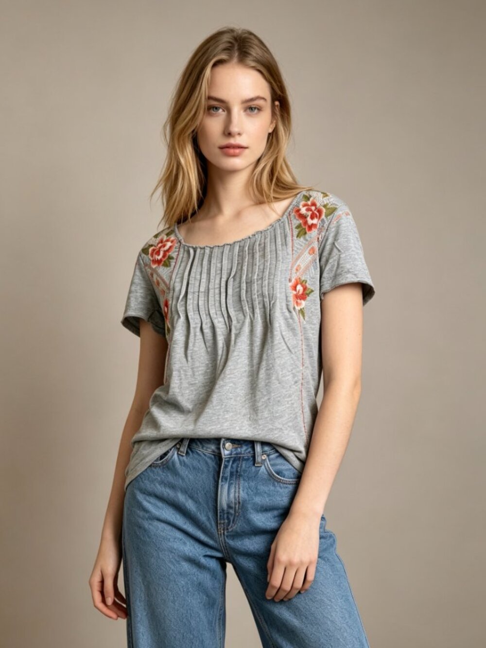 NWOT JOHNNY WAS Short Sleeves Cotton Embroidered Tee Top Grey T-Shirt Size S